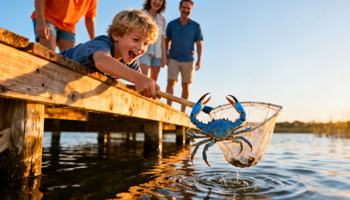 Boy on a wooden dock lifting a dip net holding a blue crab out of the water