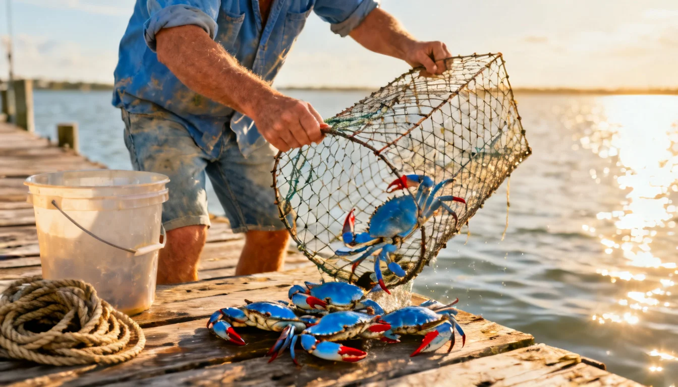Angler pulling a baited blue crab trap line up from a tidal creek