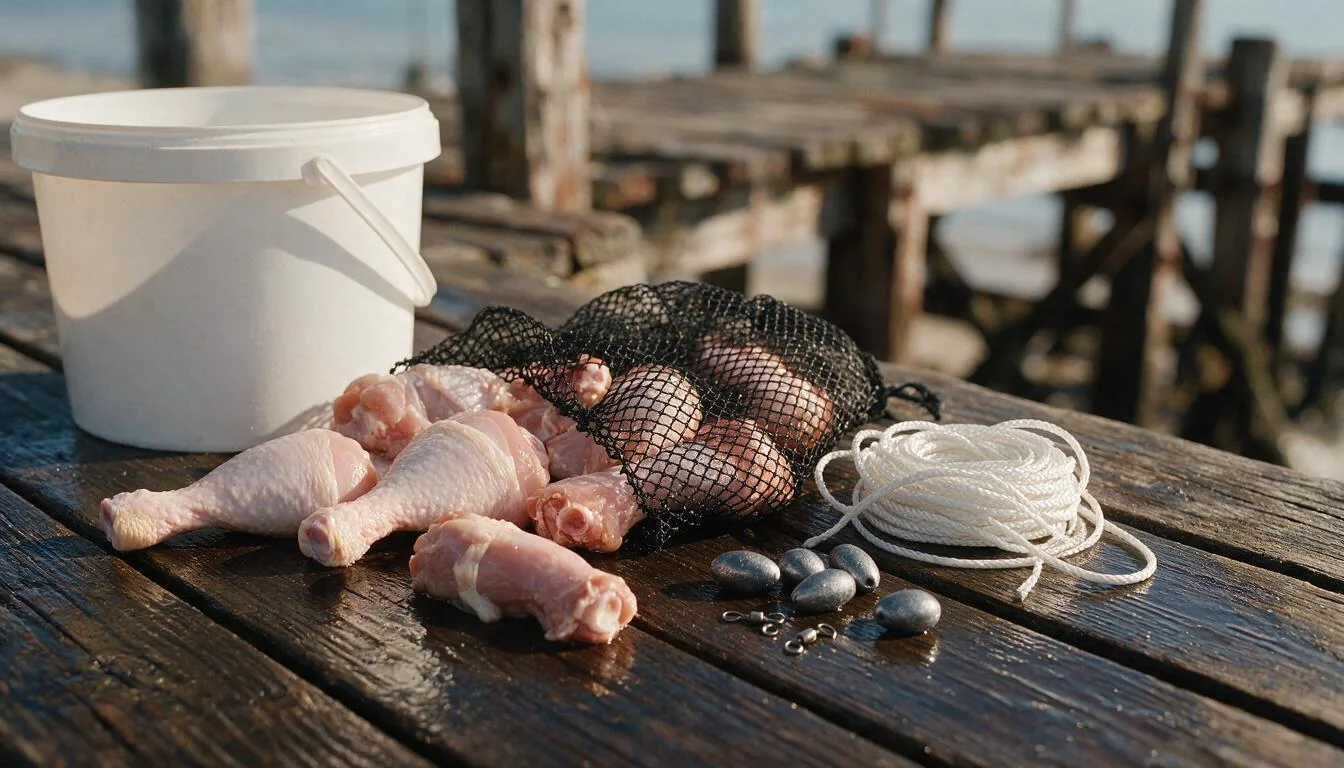 Chicken legs and necks in a mesh bait bag with rope, sinkers and swivels on a dock