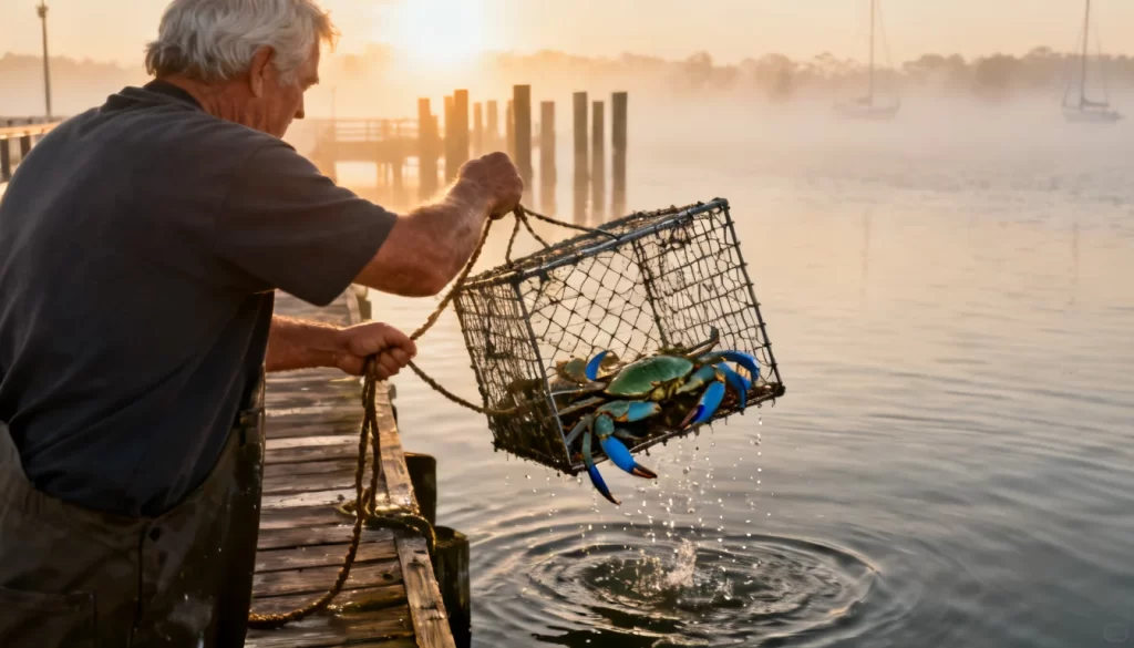 Crabbing angler hauling a wire crab pot full of blue crabs onto a wooden dock at sunrise