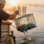 Crabbing angler hauling a wire crab pot full of blue crabs onto a wooden dock at sunrise