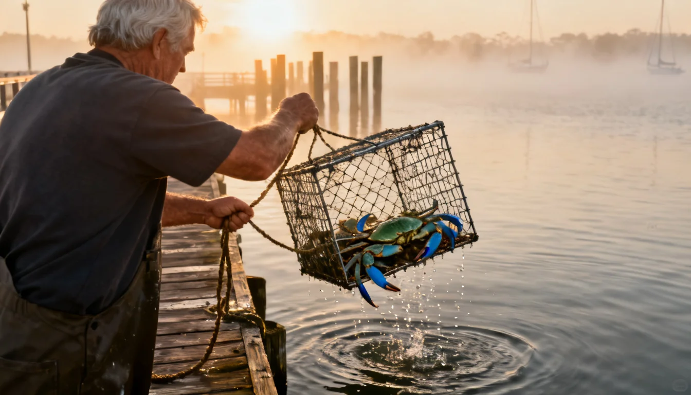 Crabbing angler hauling a wire crab pot full of blue crabs onto a wooden dock at sunrise