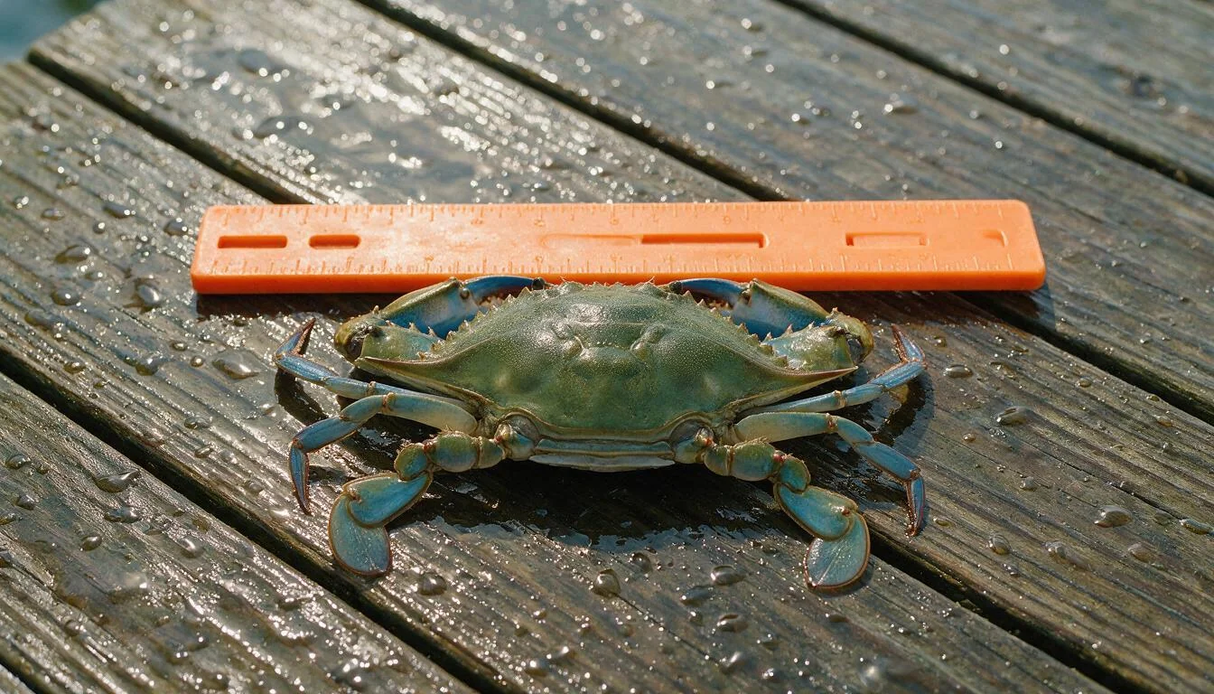 Crab gauge laid across a blue crab on wet dock planks