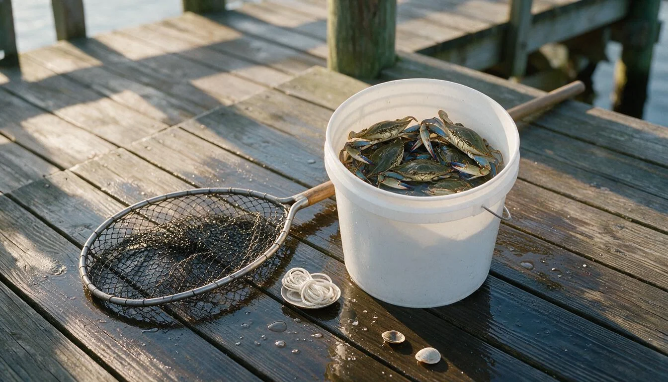 Bucket of live blue crabs on dock planks with a dip net and coiled rope