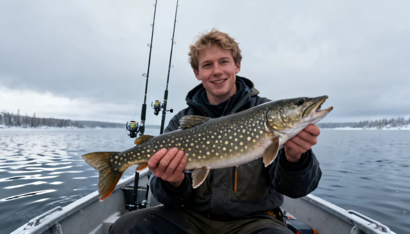 Angler on a boat holding a lake trout with downrigger rods behind
