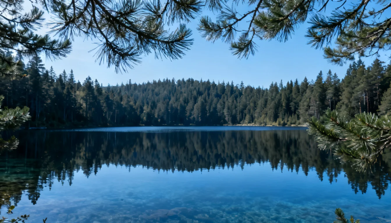 Deep clear northern lake ringed by pine forest