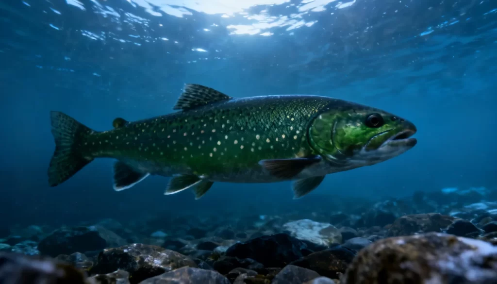 Lake trout swimming in deep cold blue lake water
