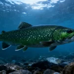 Lake trout swimming in deep cold blue lake water