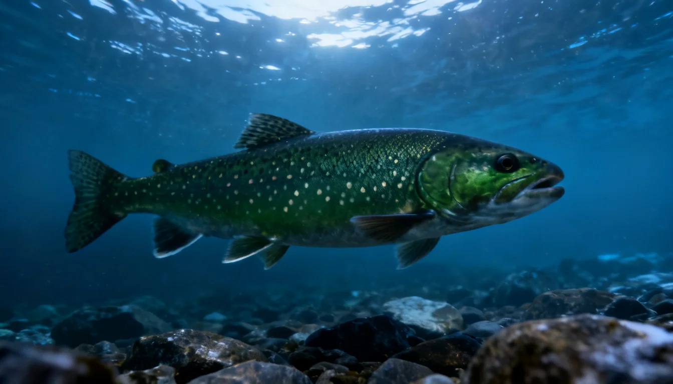 Lake trout swimming in deep cold blue lake water
