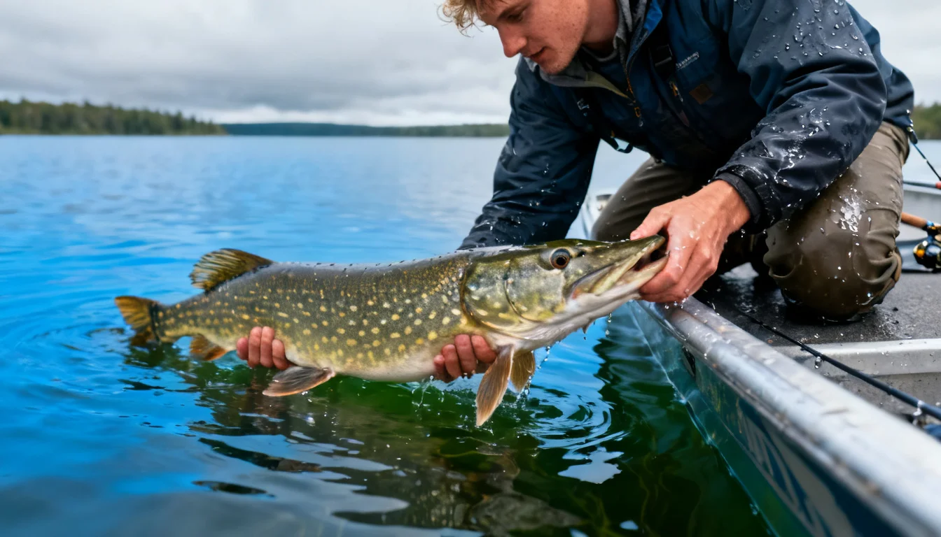 Angler holding a muskellunge at boatside before release