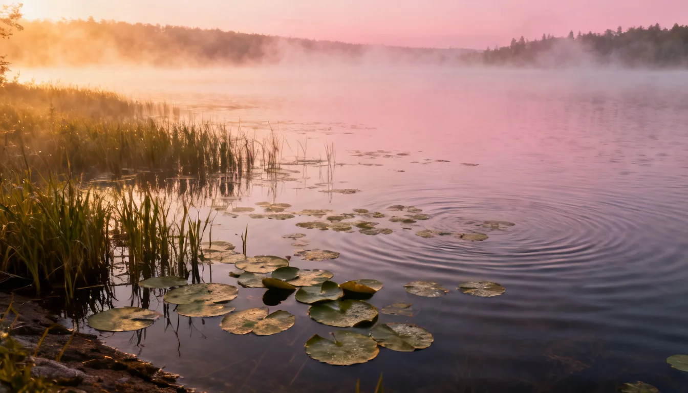 Lily pads and shallow weed cover on a calm northern lake at first light