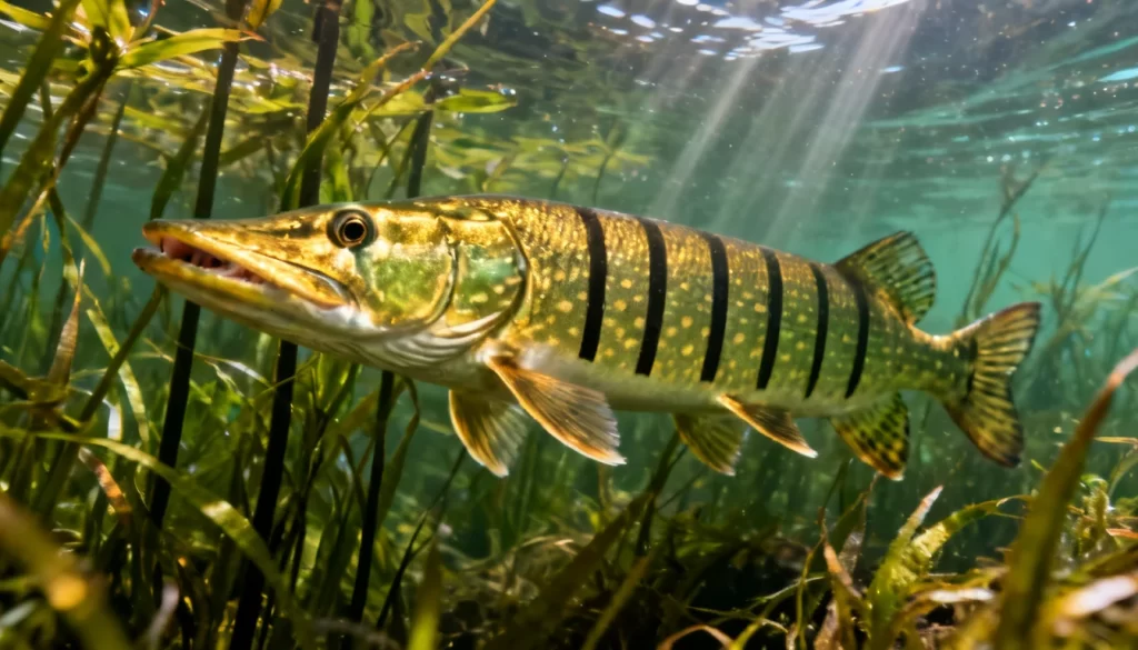 Muskellunge in clear water among aquatic plants