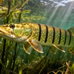 Muskellunge in clear water among aquatic plants