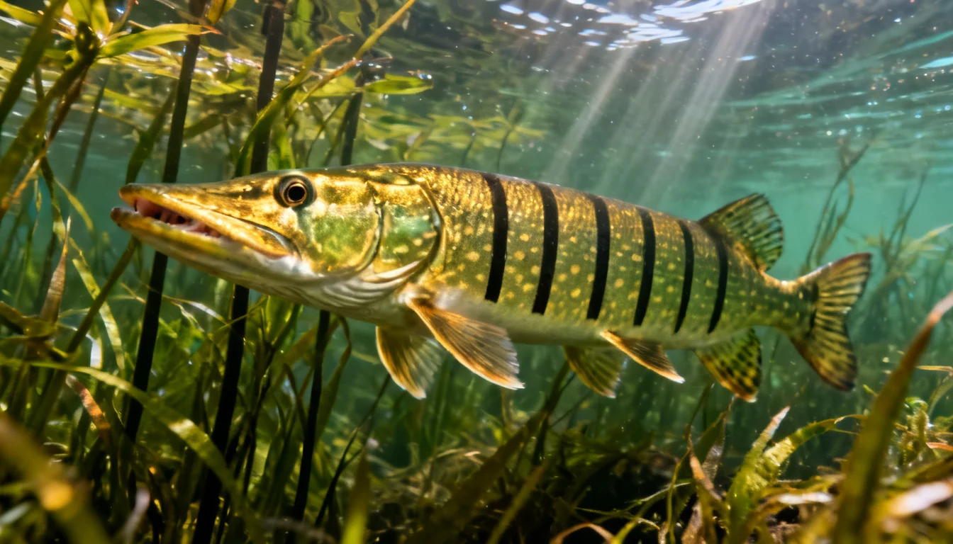 Muskellunge in clear water among aquatic plants