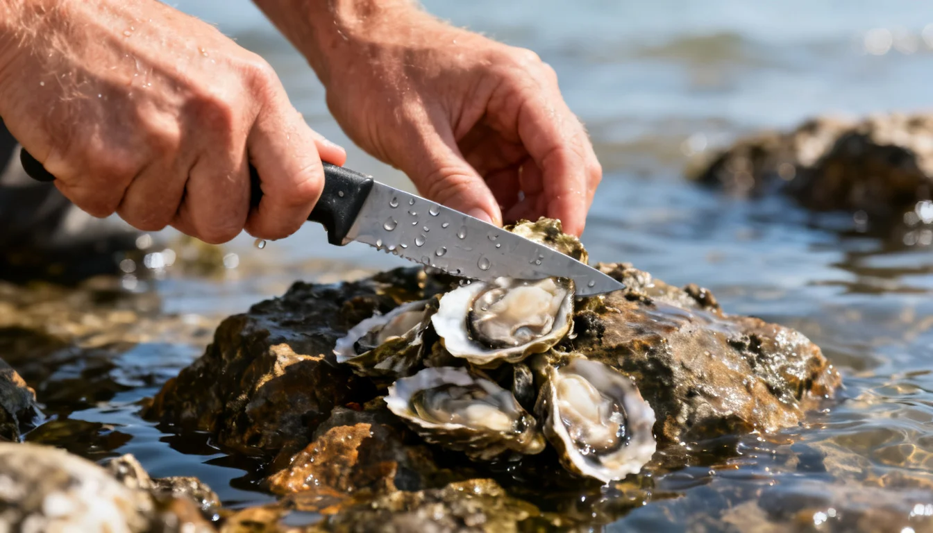 Hands shucking an oyster with a knife over wet rocks in shallow water