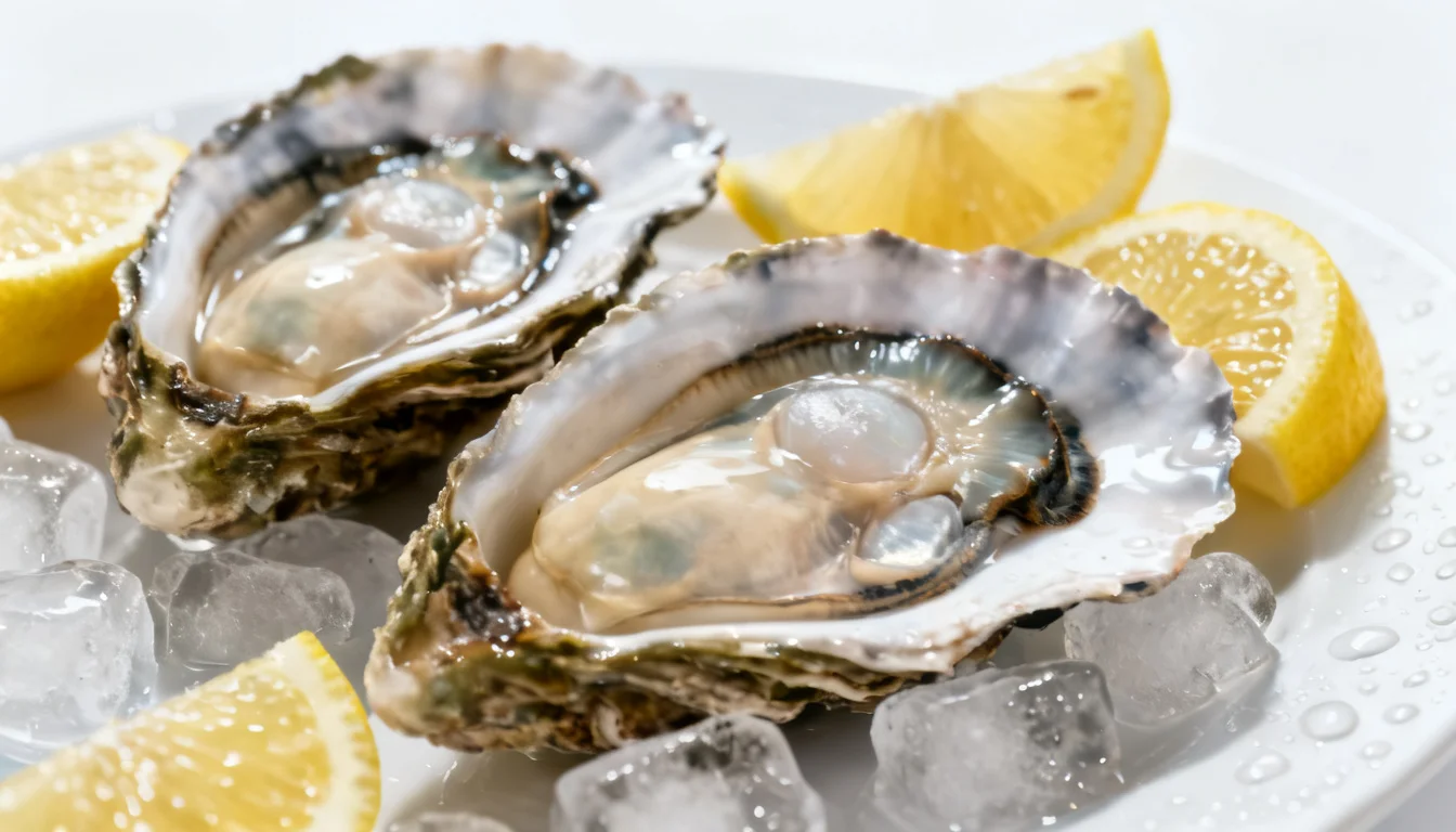 Shucked oysters on ice with lemon wedges on a white plate