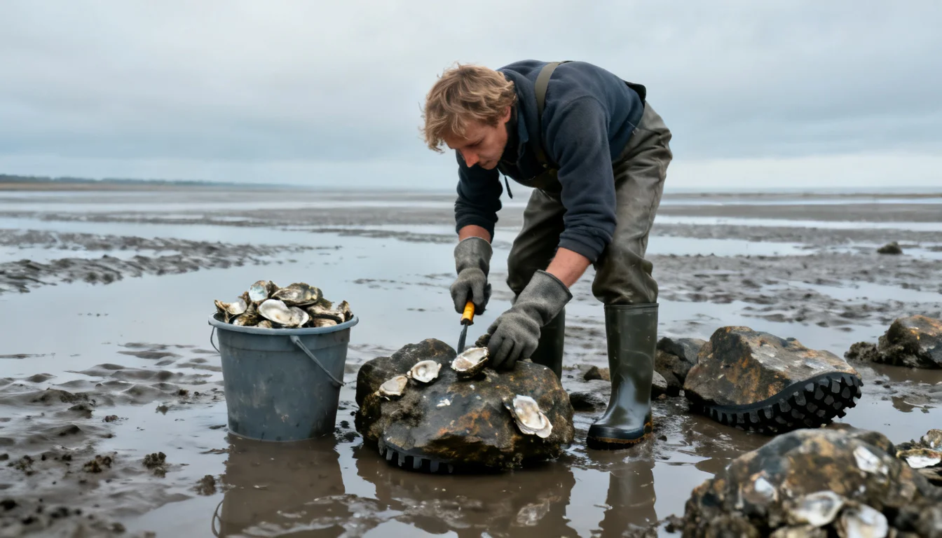 Oyster beds exposed on a tidal flat at low tide