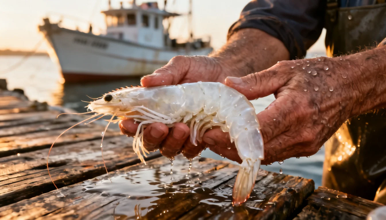 Hands holding a large white shrimp over a wet wooden dock with a boat behind