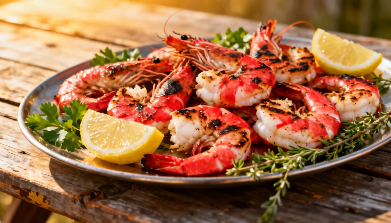 Plate of grilled shrimp with lemon wedges and fresh herbs on a wooden table