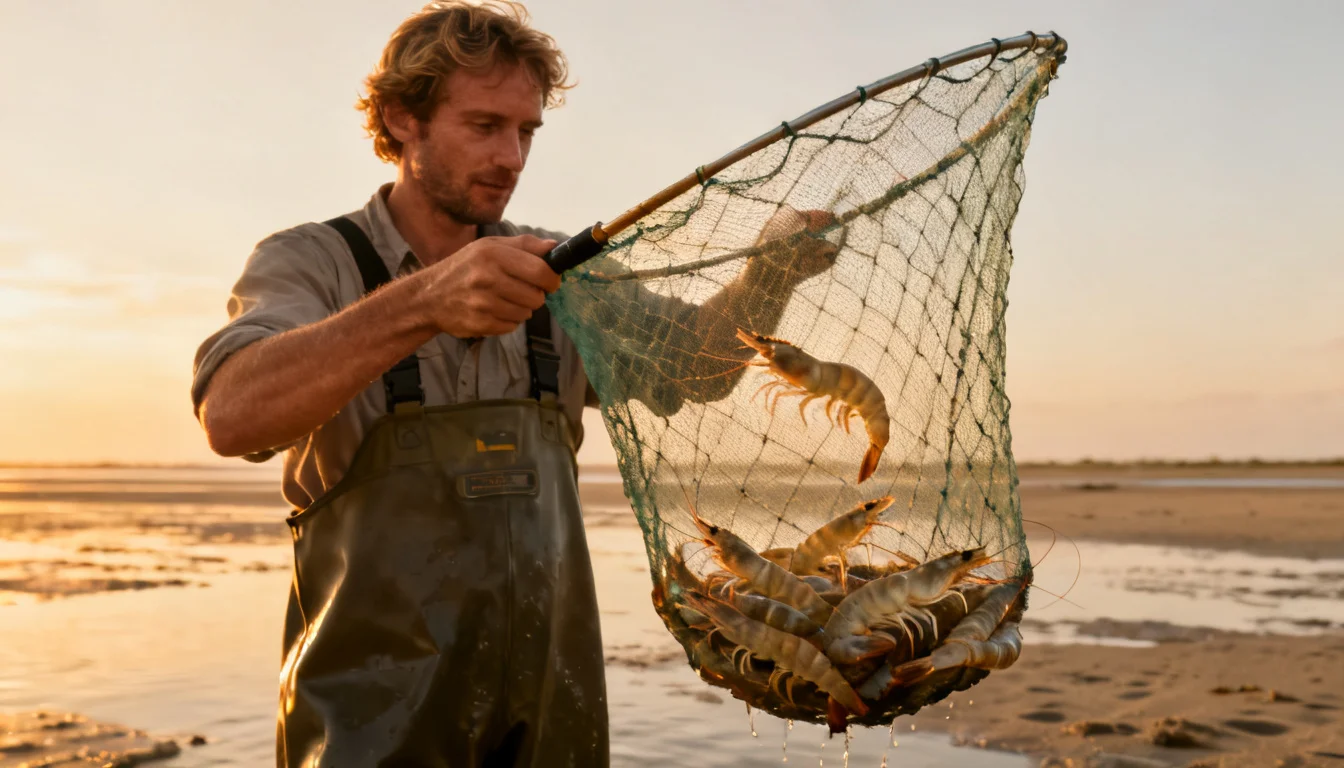Man in waders lifting a dip net full of shrimp on a tidal flat at sunset