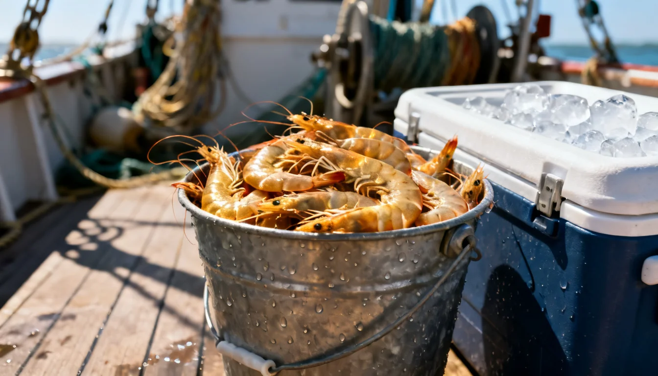 Metal bucket overflowing with shrimp beside an ice cooler on a boat deck