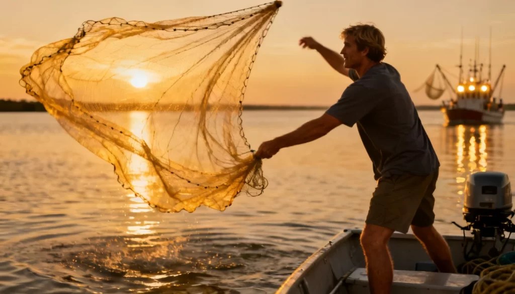 Shrimper throwing a cast net from a small boat at golden hour