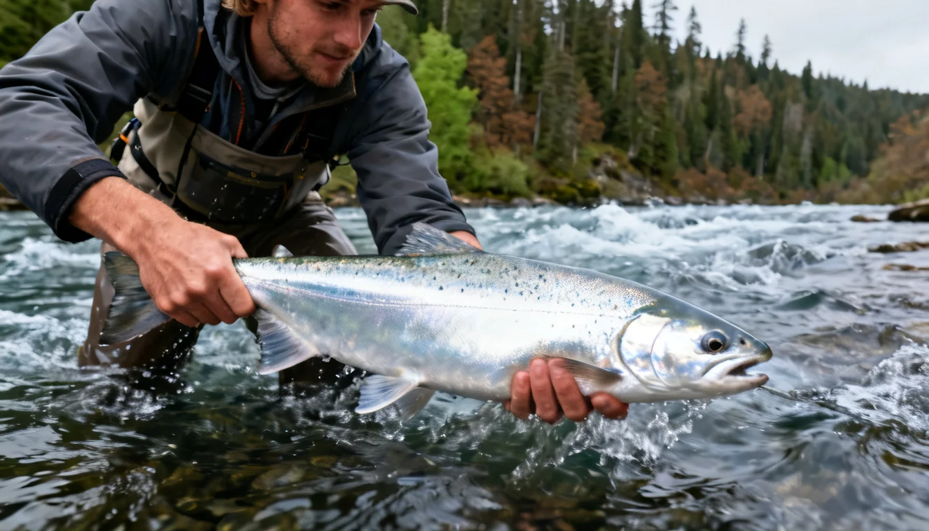 Angler in waders holding a bright steelhead on a forested river bank