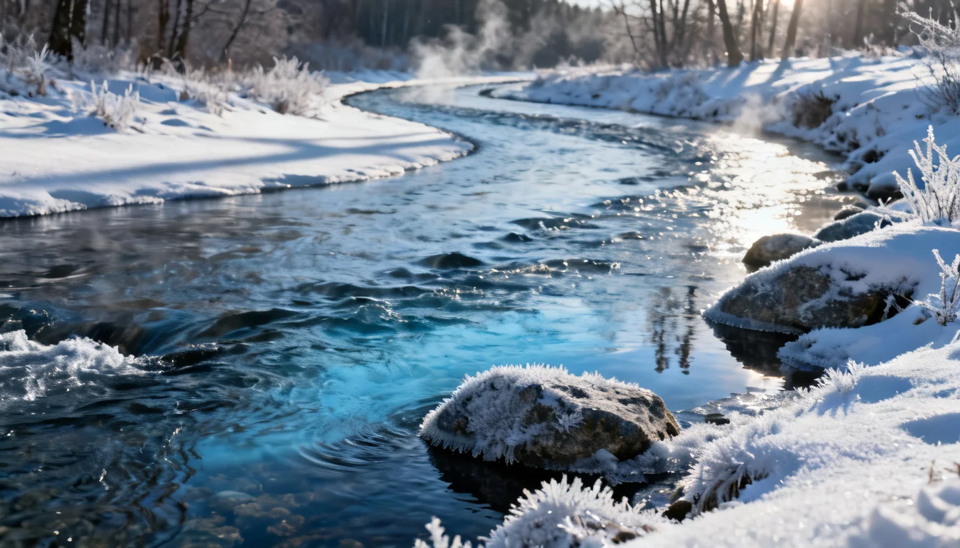 Cold winter river with frost-covered rocks and gravel runs