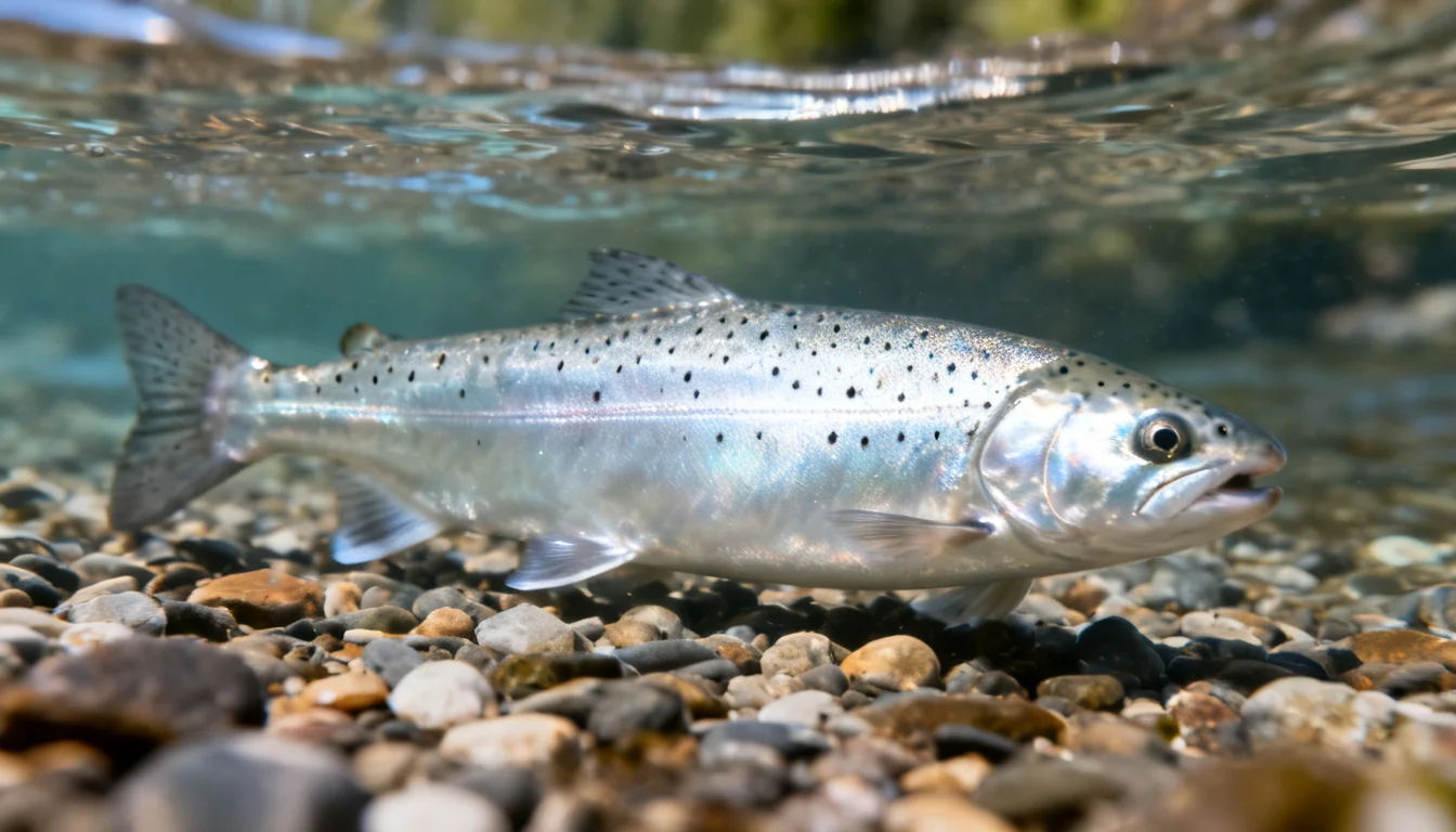 Chrome-bright steelhead in cold clear river water
