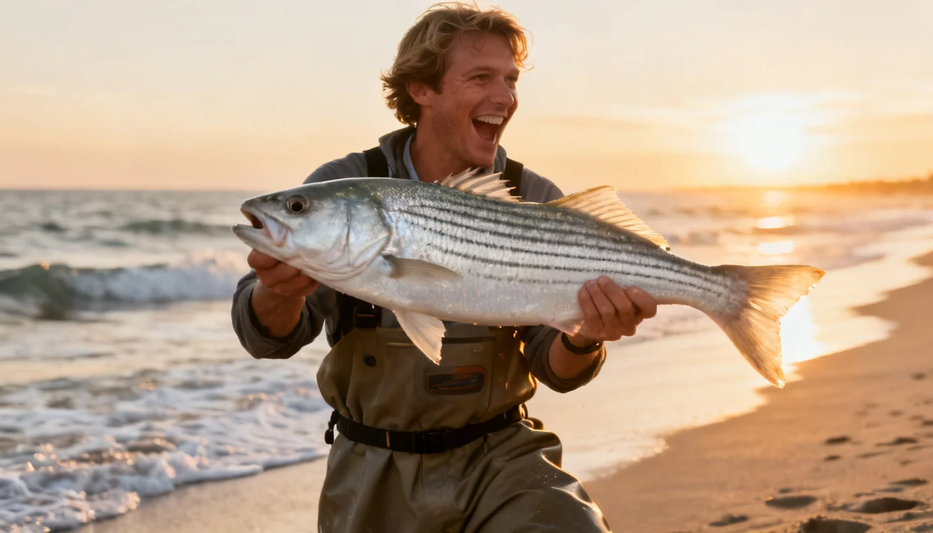 Angler holding a striped bass caught from the beach at sunset
