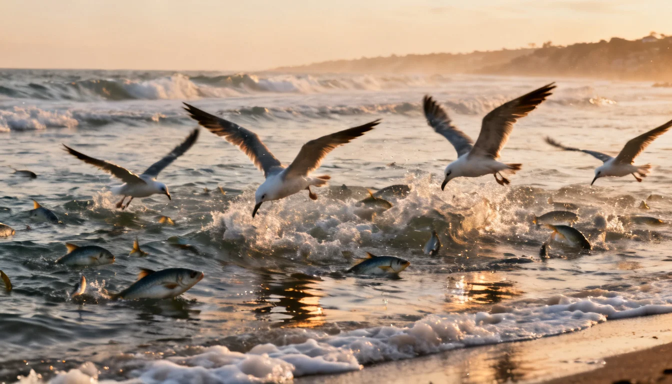 Gulls diving over a churning surf line where striped bass feed