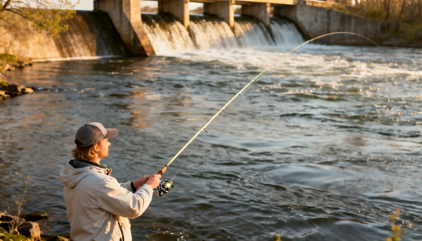 Angler fishing the tailrace below a dam during the white bass spring run