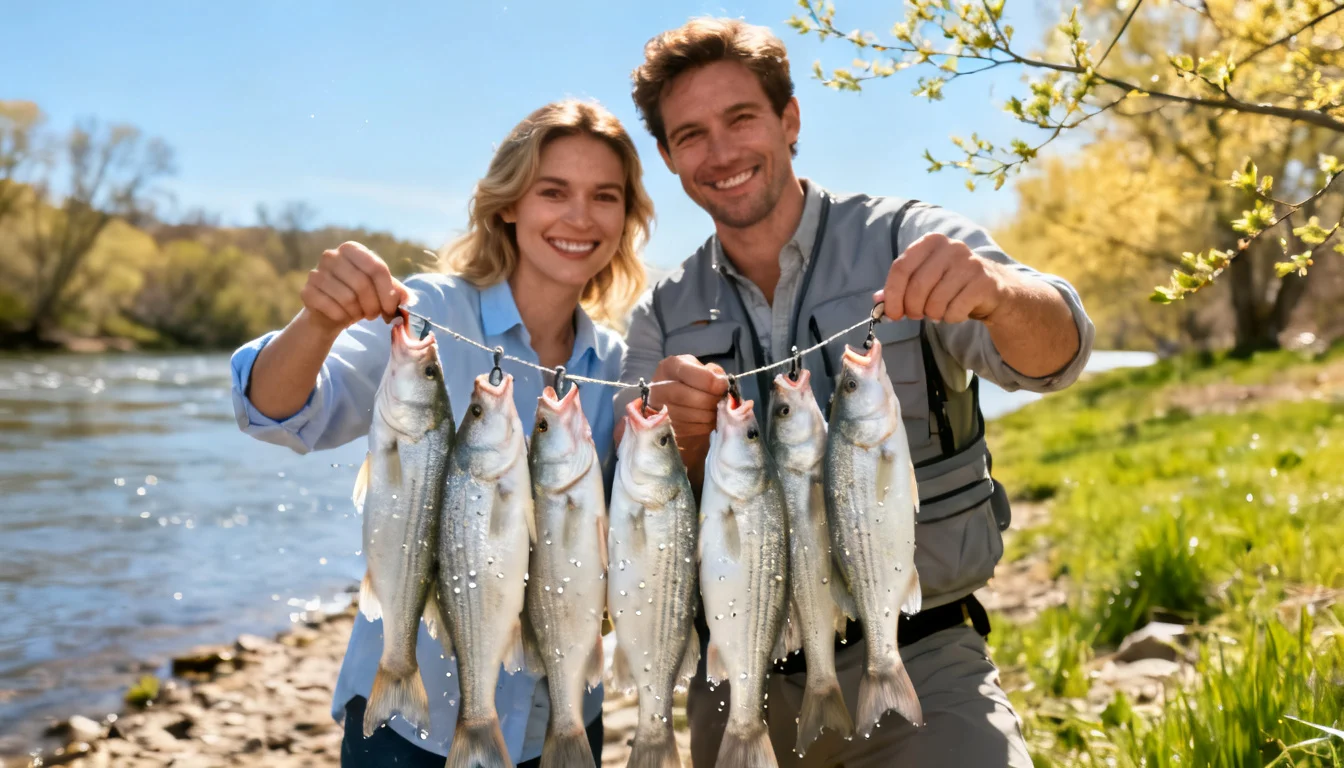 Two anglers showing their catch from a day of white bass fishing
